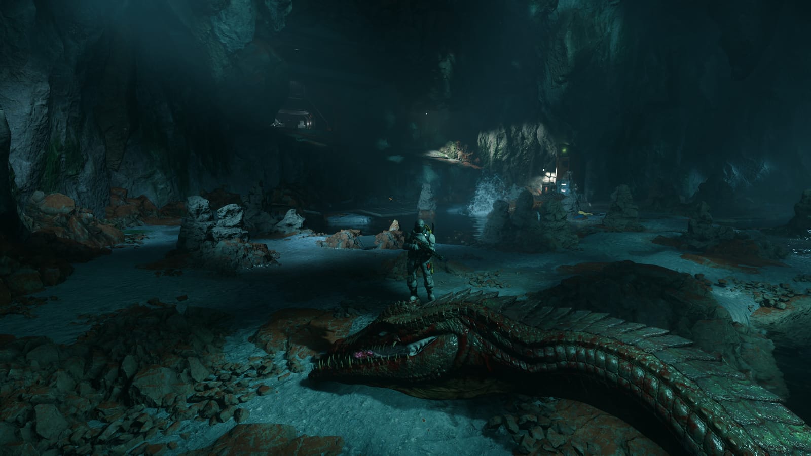 Explorateur de la Black Ares Team dans une caverne hostile