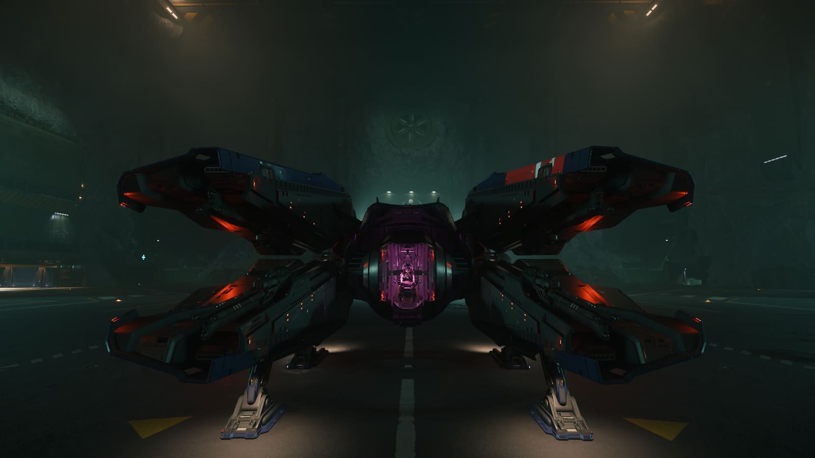 Vaisseau de la division Vanguard prêt au départ dans un hangar